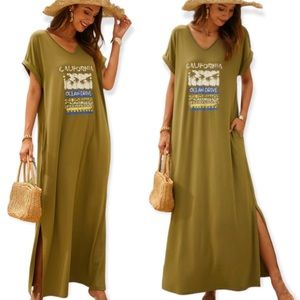California Santa Monica Beach Ocean Surfing T-Shirt Maxi Dress